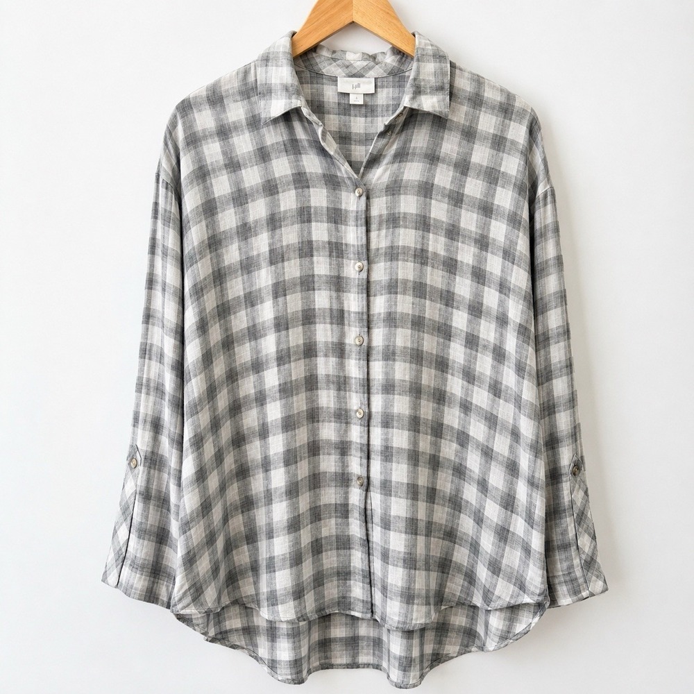 J Jill Gray Plaid Rayon Button Front Tunic Blouse Women Small Lightweight